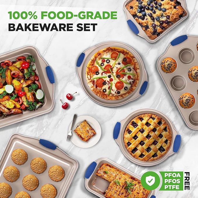NutriChef 10-Piece Nonstick Bakeware Set - Premium Carbon Steel Baking Pan Set w/Heatsafe Silicone Handles, Includes Pizza Crisper, Loaf Pan, 12 & 24 Cup Muffin Pans, Cake Pans, Cookie Sheets