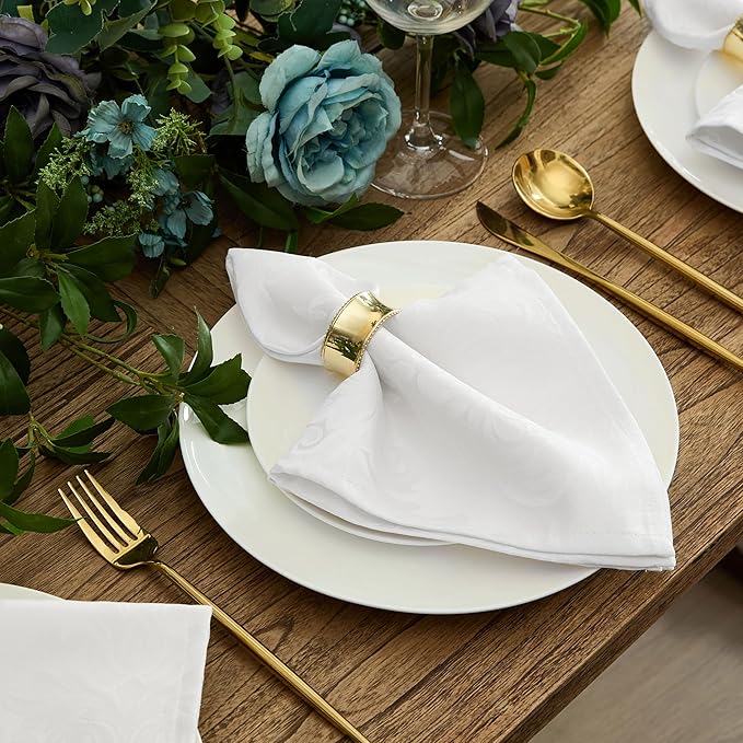 Newbridge Barcelona Luxury Damask Fabric Napkins, Set of 4 Square Napkins, White, 100% Polyester, No Iron, Soil Resistant Dining Room, Party and Banquet Napkins