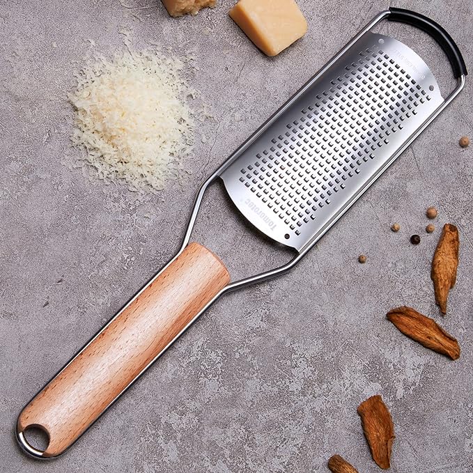 Stainless Steel Cheese Grater with Natural Wood Handle for Parmesan Cheese Lemon, Ginger, Cheese, Nutmeg, Potato, Chocolate and Garlic Small
